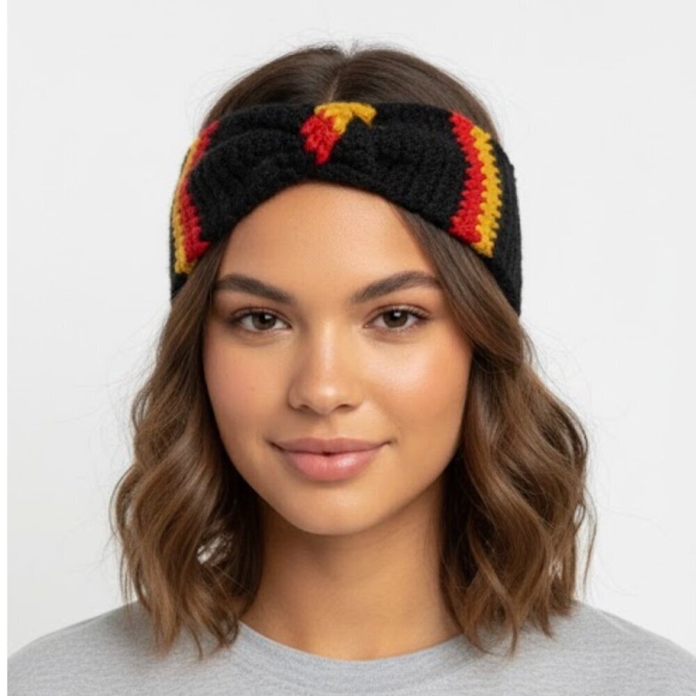 Handmade Crochet Black Red Yellow Stripes Women's Headband One Size